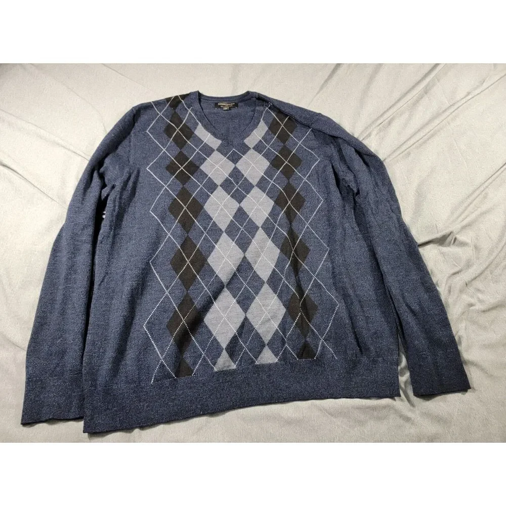 Banana Republic Argyle Merino Wool Sweater Men's XL‎ Blue V Neck Pullover